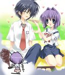  1girl bad_food chibi chibi_inset clannad cooking failure feeding food fujibayashi_ryou hair_intakes hikarizaka_private_high_school_uniform imagining obentou okazaki_tomoya paco purple_hair school_uniform short_hair 