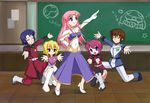  3girls artist_request athrun_zala gundam gundam_seed gundam_seed_destiny hair_ornament hare_hare_yukai kira_yamato leotard lunamaria_hawke meer_campbell multiple_boys multiple_girls parody pink_skirt pose purple_leotard skirt star star_hair_ornament stellar_loussier suzumiya_haruhi_no_yuuutsu white_leotard 