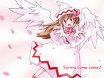  blush bow brown_hair cherry_blossoms dress hair_bow hat lily_white long_sleeves looking_at_viewer outstretched_arms petals pink_bow red_eyes shaomin solo tate_eboshi touhou white_dress white_wings wings 