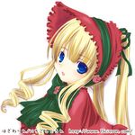  1girl blonde_hair bonnet bow bowtie dress drill_hair frills green_bow green_neckwear long_hair looking_at_viewer lowres red_dress rozen_maiden shinku sidelocks simple_background solo twin_drills twintails white_background 