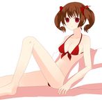  barefoot bikini breasts brown_hair cleavage large_breasts mir_(artist) navel original polka_dot polka_dot_bikini red_bikini red_eyes sitting solo swimsuit twintails 