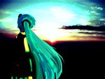  aqua_hair bad_id bad_pixiv_id hatsune_miku long_hair meola solo sunset vocaloid 