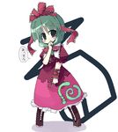  boots bow brown_footwear cross-laced_footwear dress front_ponytail full_body green_eyes green_hair hair_bow hair_ribbon kagiyama_hina looking_at_viewer luu oekaki puffy_short_sleeves puffy_sleeves red_bow red_ribbon ribbon short_sleeves simple_background solo standing touhou white_background 