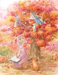  2girls autumn book cat colored_pencil_(medium) efira in_tree multiple_girls original pink_hair reading sitting sitting_in_tree traditional_media tree watercolor_(medium) 