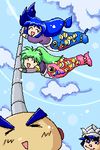  artist_request blue_hair fish ganbare_goemon green_hair lowres multiple_girls ninja oekaki sasuke_(ganbare_goemon) yae_(ganbare_goemon) 