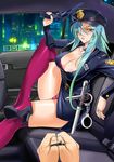  angry aqua_hair areola_slip areolae bdsm belt bondage bound bra breasts car car_interior choker cleavage club copyright_request covered_nipples crossed_legs cuffs femdom fingernails gradient_hair green_eyes ground_vehicle gun handcuffs handgun hat high_heels highres holding jewelry large_breasts lingerie long_hair looking_at_viewer miniskirt mole mole_under_mouth motor_vehicle multicolored_hair night out_of_frame panties peaked_cap police police_uniform policewoman pov pov_hands purple_legwear purple_panties revolver ring satou_shouji shoes side_slit sitting skirt skull solo_focus sweat teeth text_focus thighhighs thumbcuffs truncheon underwear uniform weapon 