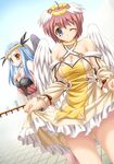  angel_wings blue_eyes blue_hair breasts cleavage dress dress_lift hinomoto_hikari long_hair medium_breasts midriff minazuki_kotoko mole mole_under_eye multiple_girls one_eye_closed orange_eyes pink_hair shiruko short_hair tokimeki_memorial tokimeki_memorial_2 wings 