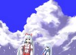  blue_hair bow cloud day feathers fujiwara_no_mokou ginji_(sakaki_summer) hair_bow kamishirasawa_keine long_hair multicolored_hair multiple_girls red_eyes silver_hair smile suspenders touhou two-tone_hair very_long_hair 