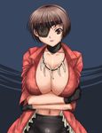  black_gloves breast_hold breasts brown_eyes brown_hair cleavage collar eyepatch gloves jacket jewelry large_breasts looking_at_viewer mary_(vampire_panic) navel necklace no_bra open_clothes open_jacket parted_lips short_hair shunzou solo tooth_necklace upper_body vampire_panic 