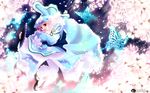  bug butterfly cherry_blossoms clog_sandals fan folding_fan highres insect natsukawa_sarasa open_mouth outstretched_arms petals pink_hair red_eyes saigyouji_yuyuko short_hair smile solo spread_arms tabi touhou wallpaper 