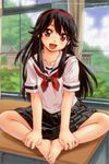  ankle_grab artist_name barefoot black_hair black_skirt brown_eyes classroom desk duplicate feet feet_together hairband indoors kamichu! knees_apart_feet_together long_hair looking_at_viewer not_for_sale on_desk open_mouth pleated_skirt saegusa_matsuri school_desk school_uniform serafuku short_sleeves sitting skirt solo uon_taraku window 