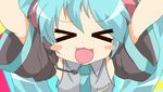  &gt;_&lt; aqua_hair closed_eyes hatsune_miku long_hair lucky_channel lucky_star morihama_karute parody solo vocaloid 