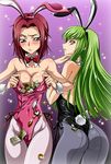  animal_ears ass bangs bare_shoulders black_leotard blue_eyes blush bow breast_squeeze breasts bunny_ears bunnysuit c.c. cameltoe choker cleavage code_geass fake_animal_ears green_hair iyou kallen_stadtfeld large_breasts leotard long_hair looking_back money money_hold multiple_girls pantyhose pink_legwear pink_leotard red_hair short_hair yellow_eyes yukkyun 