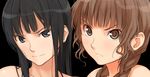  artist_request bangs bare_shoulders black_background black_eyes black_hair blunt_bangs blush braid brown_hair closed_mouth face frown futami_eriko hair_over_shoulder head_tilt kimi_kiss looking_at_viewer looking_away mizusawa_mao multiple_girls simple_background smile twin_braids twintails 