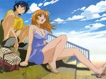  1girl :d ahoge bag blue_eyes blue_hair bra breasts cleavage cloud day dress feet fence green_eyes hasegawa_shin'ya ikkitousen large_breasts legs lingerie long_hair official_art open_mouth orange_hair outdoors sandals shirt shoes shorts shuyuu_koukin sitting sitting_on_stairs sky smile sneakers sonsaku_hakufu stairs strap_slip sundress t-shirt underwear wallpaper watermark wind 