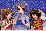  ;d asahina_mikuru bag bagged_fish black_hair brown_hair candy_apple fan festival fish food goldfish ikayaki japanese_clothes kimono long_hair multiple_girls nagato_yuki non-web_source obi one_eye_closed open_mouth paper_fan purple_hair recursion sash short_hair smile squid star suzumiya_haruhi suzumiya_haruhi_no_yuuutsu uchiwa v yukata 