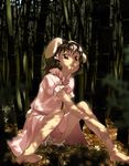  animal_ears bamboo bamboo_forest barefoot black_hair bloomers bunny_ears dappled_sunlight dress duplicate forest inaba_tewi nature red_eyes short_hair sitting solo sun-3 sunlight touhou underwear white_bloomers 