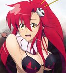  :d animal bangs bare_shoulders bikini_top boota breasts cleavage flame_print hair_between_eyes hair_ornament hair_stick large_breasts long_hair looking_at_viewer open_mouth ponytail red_hair scarf skull_hair_ornament smile solo spiral_(senra_garou) tengen_toppa_gurren_lagann upper_body yellow_eyes yoko_littner 