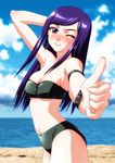  armband bandeau bikini blue_eyes blush breasts cleavage day kuga_natsuki large_breasts long_hair my-hime one_eye_closed purple_hair solo soshina_nohito swimsuit thumbs_up underboob water 