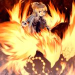  :d bird creature fire flame fujiwara_no_mokou long_sleeves looking_at_viewer open_mouth phoenix red_eyes shadow shoulder_pads silver_hair smile solo standing touhou upper_body 