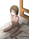  bad_id bad_pixiv_id barefoot bed brown_eyes brown_hair chemical-x dennou_coil glasses highres okonogi_yuuko pajamas short_hair solo 