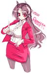  akatsuki_francesca blush breasts brown_hair demon_girl formal horns huge_breasts jacket long_hair mature mel/a original pantyhose pencil_skirt pointing pointy_ears red_eyes sketch skirt skirt_suit smile solo succubus suit 