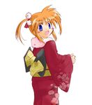  :d artist_request blush_stickers japanese_clothes kimono long_sleeves looking_at_viewer lyrical_nanoha mahou_shoujo_lyrical_nanoha obi open_mouth pom_pom_(clothes) purple_eyes red_hair sash simple_background smile solo takamachi_nanoha twintails white_background wide_sleeves 