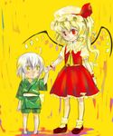  1girl age_difference ahoge blonde_hair bracelet child dress flandre_scarlet glasses green_dress hat hat_ribbon height_difference holding_hands japanese_clothes jewelry kimono mob_cap morichika_rinnosuke one_side_up ono_mochiko red_eyes red_ribbon red_skirt ribbon shoes short_hair silver_hair skirt smile touhou white_hat wings yellow_background yellow_eyes younger yukata 