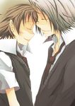  2boys blush brown_hair eyes_closed forehead-to-forehead forehead_to_forehead foreheads_touching gokudera_hayato katekyo_hitman_reborn katekyo_hitman_reborn! lowres male_focus multiple_boys necktie sawada_tsunayoshi school_uniform serafuku shirt short_hair shounen_ai silver_hair smile smiling sweater tie tsuna vest yaoi 