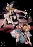  alice_margatroid blonde_hair blue_eyes book broom broom_riding from_side full_body hourai_doll kirisame_marisa kokono_coco multiple_girls star touhou 