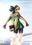  artist_request bike_shorts blonde_hair book from_behind hairband looking_back red_eyes scarf short_hair snow snow_(game) solo standing tachibana_meiko 