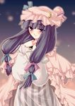  bow crescent hat kokono_coco long_hair patchouli_knowledge pink_bow purple_eyes purple_hair ribbon solo touhou 