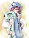  blue_eyes blush green_hair hairband hat height_difference hitodama hug hug_from_behind japanese_clothes kimono konpaku_youmu konpaku_youmu_(ghost) miwa_maku multiple_girls one_eye_closed pink_hair saigyouji_yuyuko skirt skirt_set smile touhou triangular_headpiece 