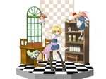  &gt;:) alice_margatroid apron arm_up bangs black_legwear blonde_hair blue_dress blue_eyes boots bow bowtie capelet chair chibi crossed_arms desk doll doll_joints dress faux_figurine floating frills green_hair hairband head_tilt highres hourai_doll indoors long_hair looking_at_viewer miniskirt necktie orange_hair puffy_sleeves red_dress sash shanghai_doll shirt short_hair skirt smile solo standing thighhighs touhou v-shaped_eyebrows very_long_hair waist_apron wallpaper wapokichi zettai_ryouiki 