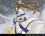  2007 artist_request fingerless_gloves gloves hits jacket lightning lyrical_nanoha magical_girl mahou_shoujo_lyrical_nanoha_strikers open_clothes open_jacket raising_heart solo takamachi_nanoha thank_you twintails wallpaper white_devil 