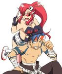  1girl bandages blue_hair kamina kamina_shades long_hair red_hair rikko_(peso) sarashi shirtless shooting_glasses sunglasses tattoo tengen_toppa_gurren_lagann thighhighs thumbs_up yoko_littner 