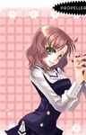  artist_request black_dress blush brown_hair buttons dress green_eyes holding_hands interlocked_fingers long_sleeves looking_at_viewer lowres original out_of_frame pink_background school_uniform short_hair simple_background solo_focus 