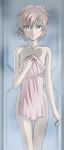  arm_at_side bare_shoulders breasts collarbone covering covering_breasts green_eyes gundam gundam_seed gundam_seed_destiny hanzou lacus_clyne looking_at_viewer medium_breasts nude_cover pink_hair short_hair solo standing thigh_gap towel 