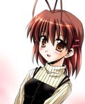  antenna_hair apron brown_eyes brown_hair clannad furukawa_nagisa open_mouth otoki_raku ribbed_sweater short_hair smile solo sweater 