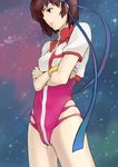  bob_cut brown_eyes brown_hair crossed_arms gunbuster_pose headband highres leotard pink_leotard short_hair sky solo star_(sky) starry_sky takaya_noriko tanaka_hirotaka top_wo_nerae! 