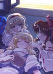  ^_^ ahoge alice_margatroid blonde_hair blush book brown_hair closed_eyes hairband hakurei_reimu head_rest indoors kirisame_marisa long_hair lying multiple_girls night peaceful ribbon short_hair short_sleeves sleeping smile sweatdrop takana_shinno tatami touching touhou wavy_hair wavy_mouth 