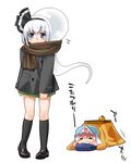  alternate_costume black_legwear blue_eyes blush brown_scarf coat flying_sweatdrops food fruit gengorou hair_ribbon hairband hat hitodama kneehighs konpaku_youmu konpaku_youmu_(ghost) kotatsu loafers mandarin_orange miniskirt mob_cap multiple_girls pink_hair ribbon saigyouji_yuyuko scarf shoes silver_hair skirt skirt_tug table touhou white_background 