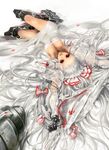  alternate_costume archlich armor bad_deviantart_id bad_id boots breasts cleavage cyborg fujiwara_no_mokou hair_ribbon jewelry large_breasts long_hair lying necklace red_eyes ribbon silver_hair solo touhou 