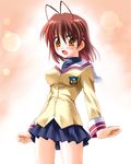  antenna_hair brown_eyes brown_hair clannad furukawa_nagisa hikarizaka_private_high_school_uniform open_mouth otoki_raku pleated_skirt school_uniform short_hair skirt solo sweatdrop 