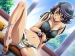  ano_machi_no_koi_no_uta breasts brown_eyes high_heels kamishima_tomoko kimura_takahiro large_breasts long_legs navel purple_hair sandals shoes solo spread_legs sweat wet 