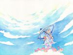  bad_id bad_pixiv_id cloud day flower happy japanese_clothes kimono kuko lotus oriental_umbrella original ribbon sky solo traditional_media umbrella watercolor_(medium) 