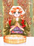  90s bishoujo_senshi_sailor_moon earrings green_eyes head_scarf japanese_clothes jewelry kimono kino_makoto official_art ohitsu ponytail red_hair rice rice_spoon solo takeuchi_naoko tasuki 