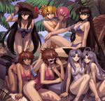  6+girls absurdres all_fours bikini blonde_hair blue_eyes breasts brown_eyes brown_hair choker cleavage cz drill_hair earrings everyone glasses hat highres huge_breasts huge_filesize jewelry large_breasts leaning_forward long_hair mogudan multiple_girls natalie pacifica_casull purple_eyes purple_hair raquel_casull scrapped_princess senes_giat short_hair sitting straw_hat swimsuit winia_chester zefiris 