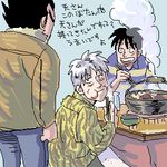  akagi akagi_shigeru artist_request bottle bowl chopsticks eating food igawa_hiroyuki jacket kotatsu lowres multiple_boys nabe oekaki old old_man steam table ten_(manga) ten_takashi 