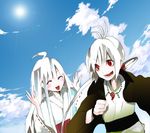  1girl ahoge albino cloud day japanese_clothes jewelry lens_flare long_hair necklace original pale_skin palmeros red_eyes sky smile white_hair 